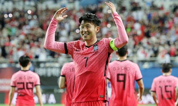 Son celebrates a goal for South Korea. The captain holds the hopes of his nation at the forthcoming World Cup in Qatar.