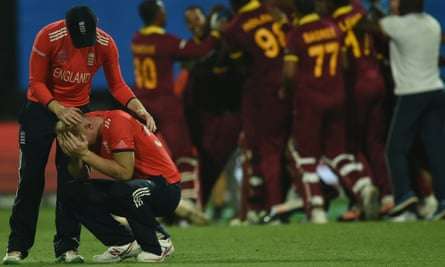 England’s Ben Stokes is consoled by Eoin Morgan after the World T20 final in 2016.