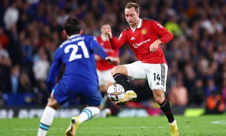 Christian Eriksen takes on Chelsea's Ben Chilwell.