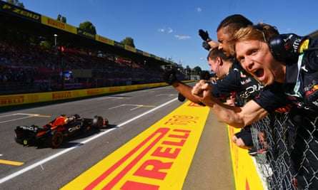 Red Bull team members celebrate on the pitwall as Max Verstappen wins last month’s Italian Grand Prix at Monza