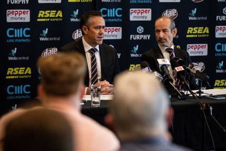 Andrew Bassat and Simon Lethlean speak at a press conference ater St Kilda sacked coach Brett Ratten.