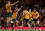 Australia’s players celebrate victory at full-time.