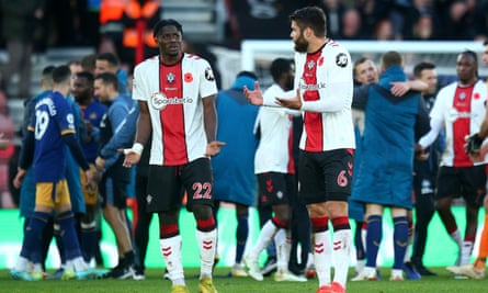 Southampton’s Mohammed Salisu and Duje Caleta-Car argue at the final whistle against Newcastle