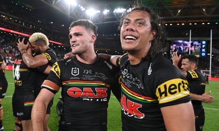 Nathan Cleary and Jarome Luai after winning the 2021 NRL grand final.