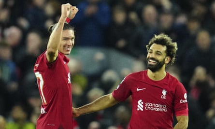 Darwin Núñez and Mo Salah celebrate after Liverpool's win over Tottenham.