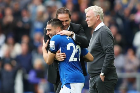 Everton manager Frank Lampard celebrates with goalscorer Neal Maupay as West Ham manager David Moyes looks dejected following the Hammers’ 1-0 defeat at Goodison Park in the corresponding fixture in September 2022.