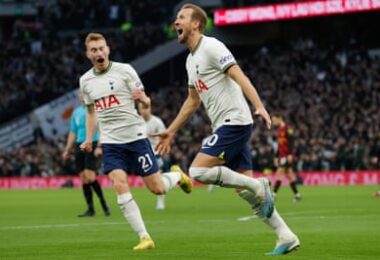 Harry Kane celebrates after scoring his record-breaking goal for Tottenham