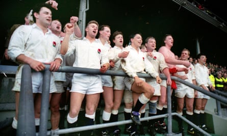 Will Carling’s England celebrate their 1992 Grand Slam – the last time they wore their traditional shirts.