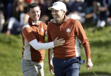 Europe’s Sergio García celebrates with Rory McIlroy after holing a putt on the second day of the 2018 Ryder Cup