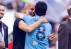 The Manchester City manager, Pep Guardiola, celebrates with Ilkay Gündogan after the FA Cup final.